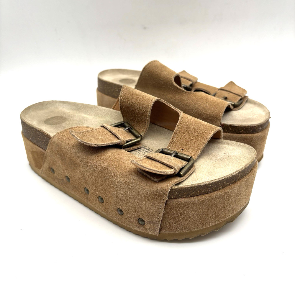 Cushionaire GURU Khaki Tan Suede Leather Platform Double Buckle Sandals 10M